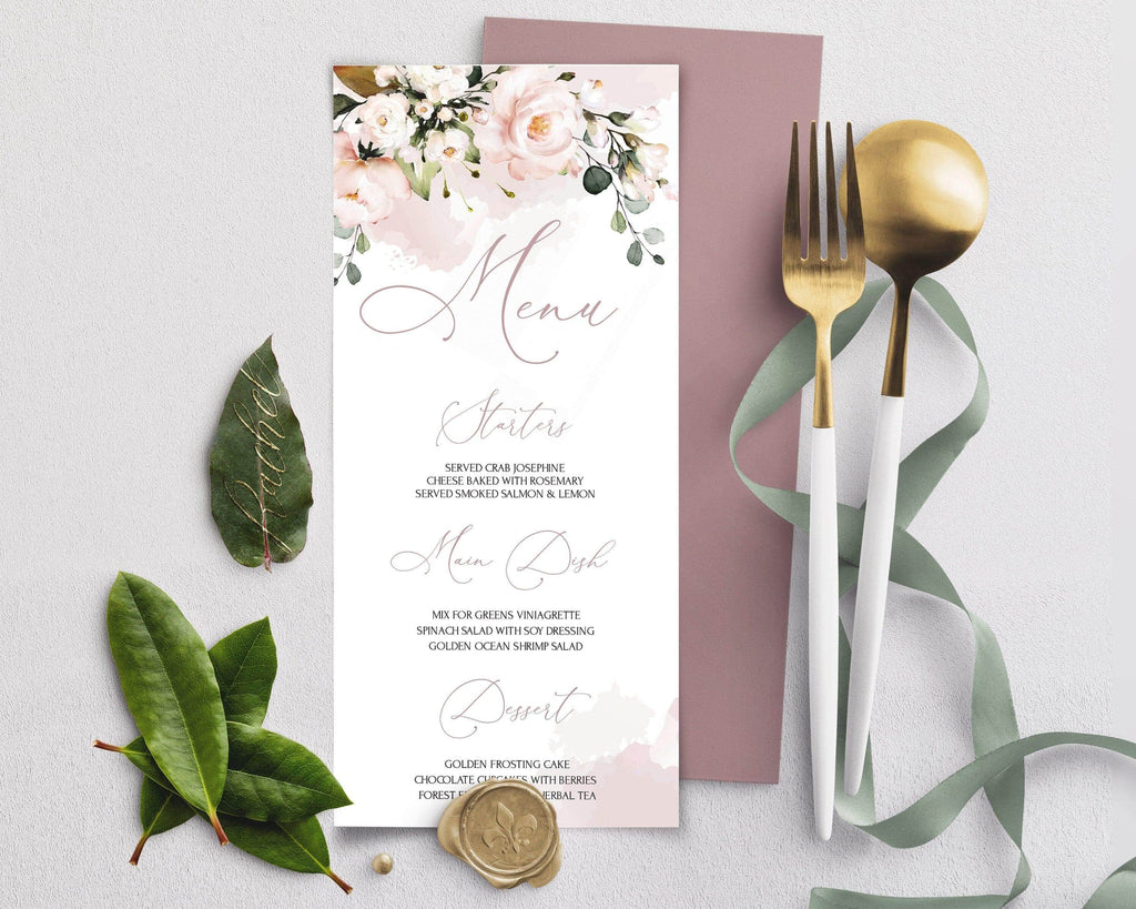 LPE0260 Wedding Menu Card | Blush & Pink Flowers | Editable DIY Printable