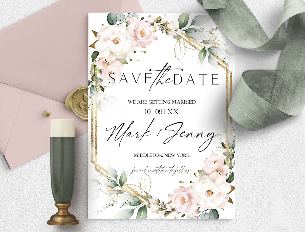LPE0267 Wedding Save The Date | Soft Pink & Green | DIY Editable Printables
