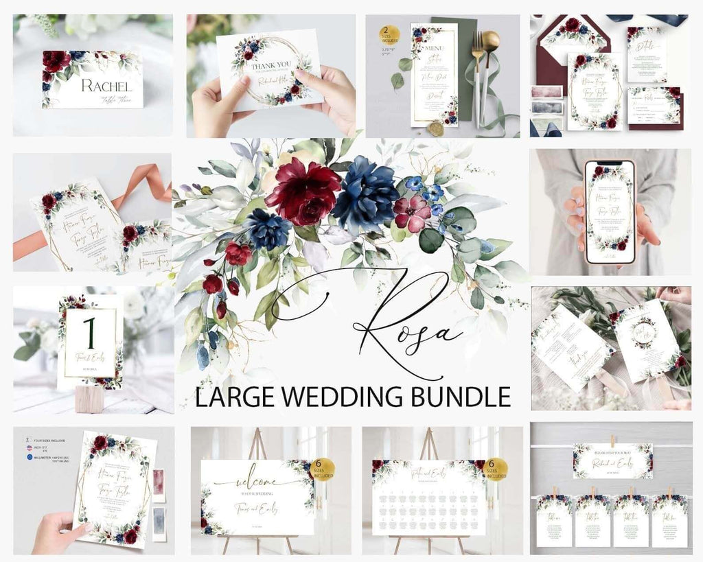 LPE0270 Wedding Stationery Suite | Burgundy & Navy Blue | Editable Printables