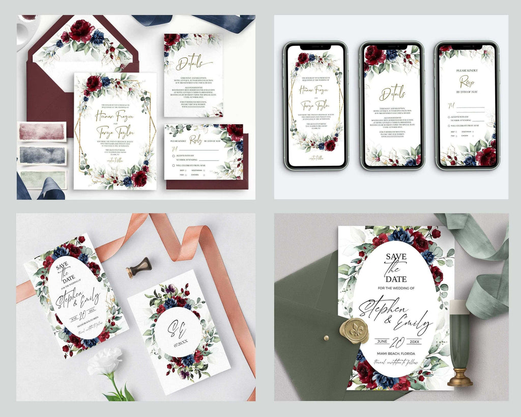 LPE0270 Wedding Stationery Suite | Burgundy & Navy Blue | Editable Printables