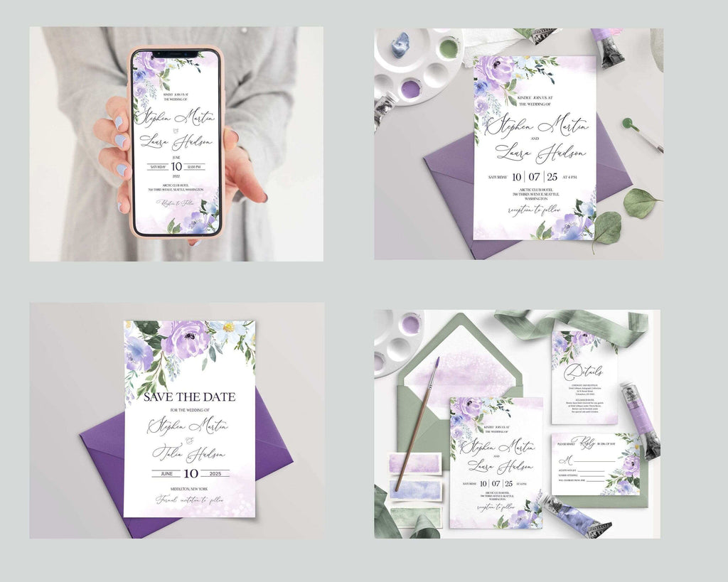 LPE0274 Wedding Stationery MEGA Bundle | Purple Flowers | Editable Printables