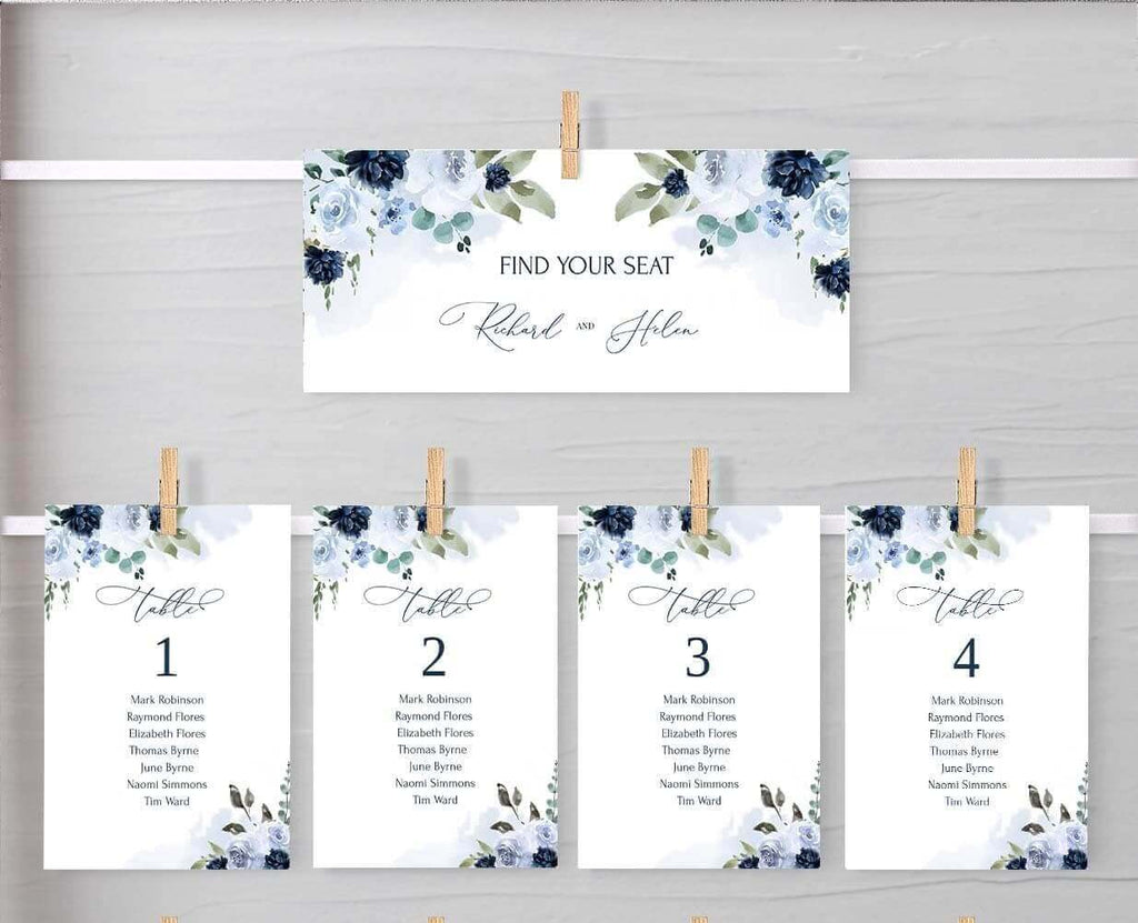 LPE0286 Seating Chart Wedding | Light Blue Watercolor | Editable Template