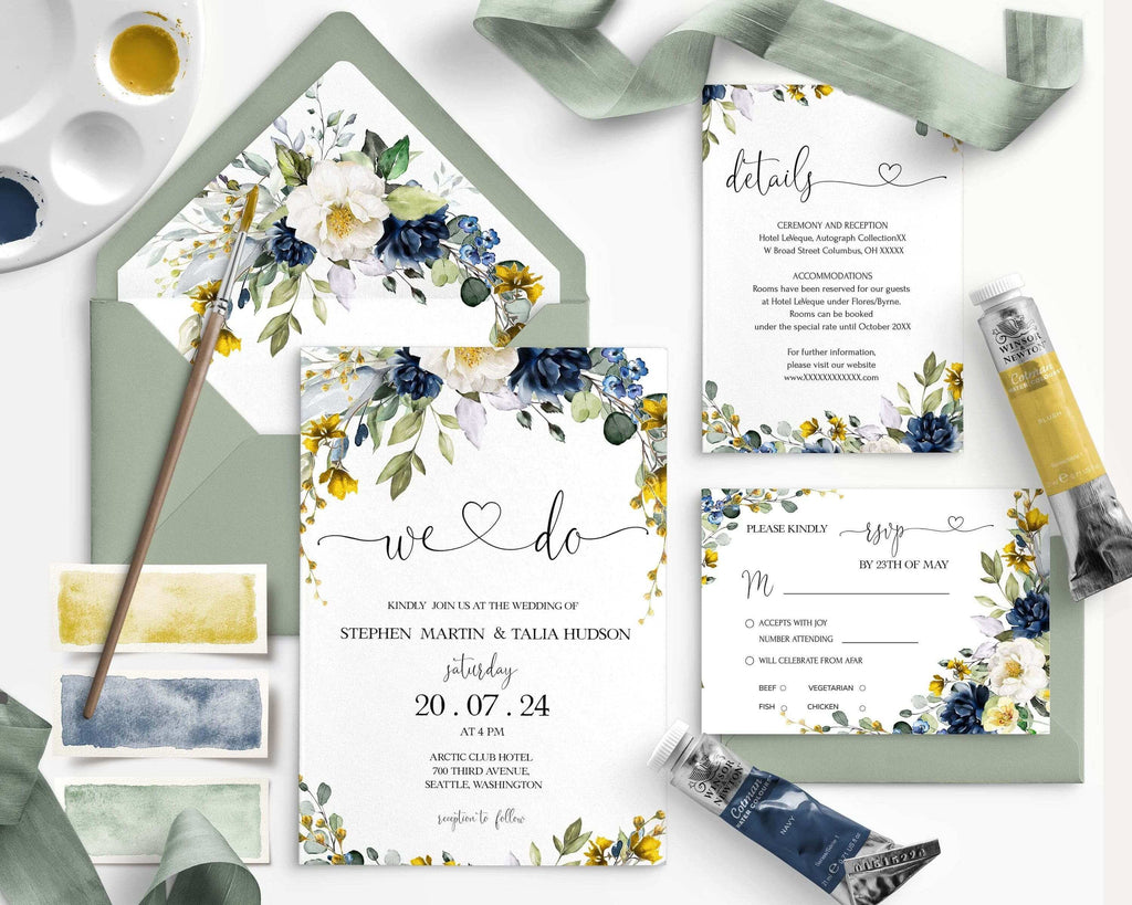 LPE0294 Wedding Stationery Suite | Navy Blue & Yellow | Editable Printables