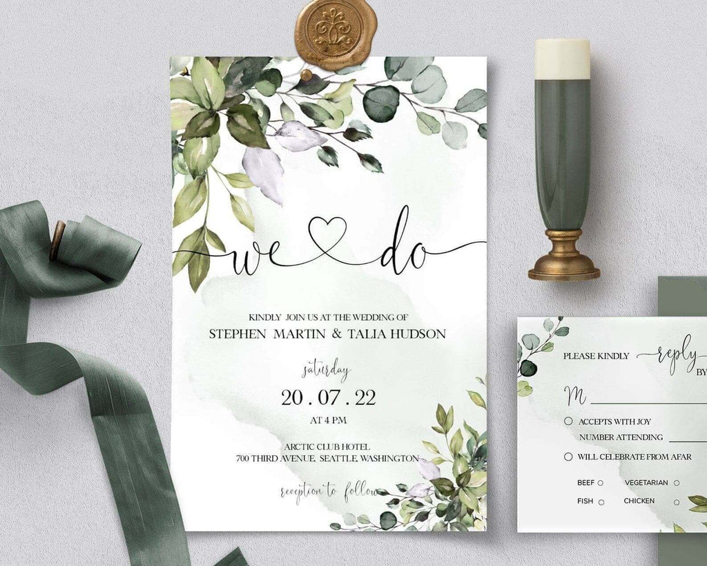 LPE0304 Wedding Invite and RSVP, Eucalyptus Green, Editable Modern Printables