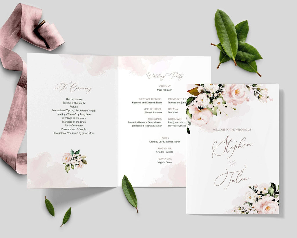 LPE0323 Folded Wedding Program | Blush Pink Floral | Editable DIY Template