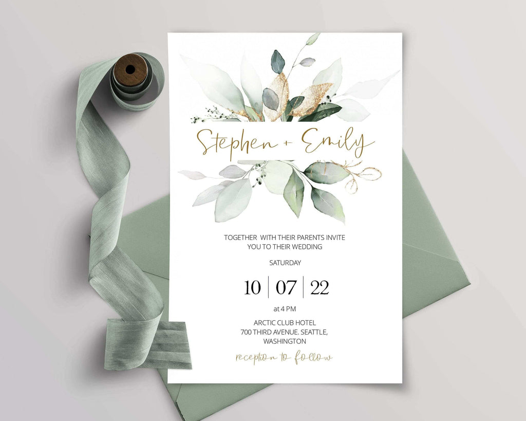 LPE0326 Wedding Invitation Template | Eucalyptus & Gold | Editable Printable