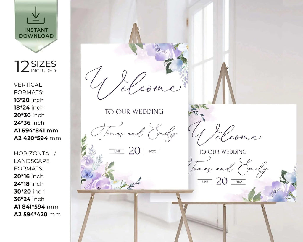 LPE0341 Custom Wedding Sign | Watercolor Purple Flowers | DIY Printables