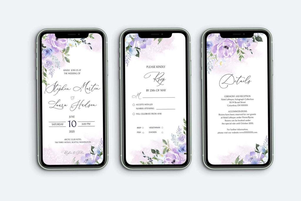LPE0344 Digital Wedding Invites | Evite, RSVP, Details | Purple Watercolor
