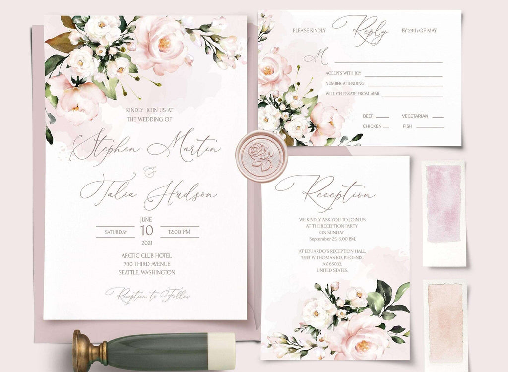 LPE0348 AVA Watercolor Blush Pink Wedding Invitation Set Editable DIY Template