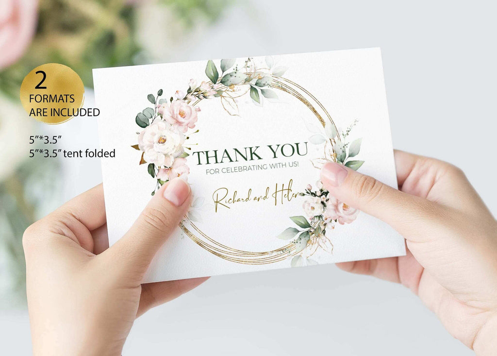 LPE0355 Thank You Card Template | Pink Floral & Gold | DIY Wedding Printables