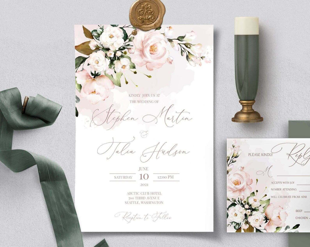 LPE0361  Invitation and RSVP, Editable Printables, Blush Pink Floral Wedding