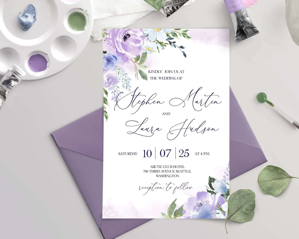 LPE0365 Invitation Card Purple Flowers Wedding  Editable DIY Printable