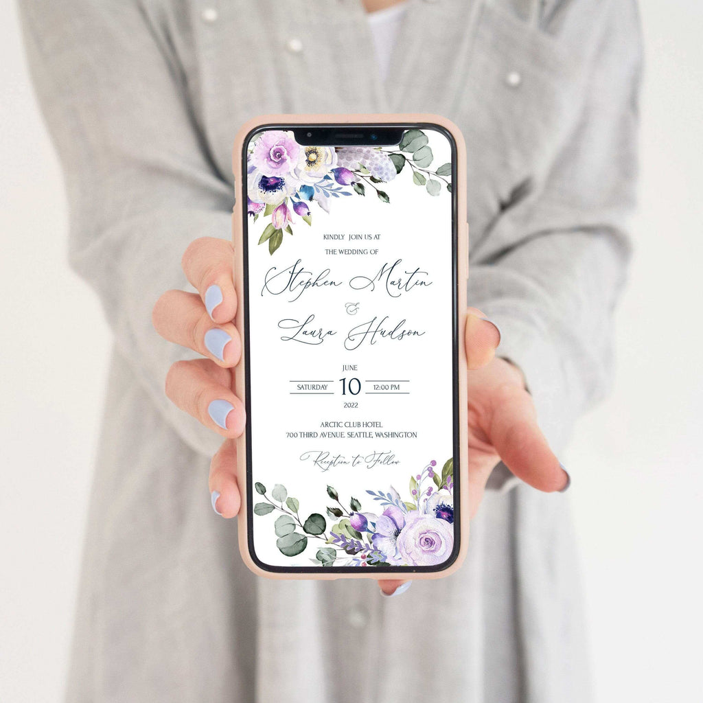 LPE0368 Electronic Wedding Invitation | Purple Flowers | Editable DIY Template