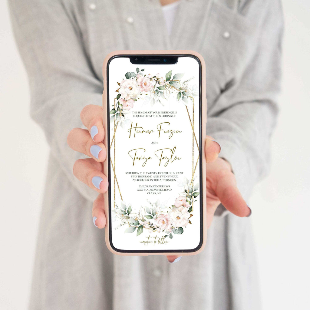 LPE0374 Online Wedding Invite | Pink Roses & Gold | Editable DIY Templates