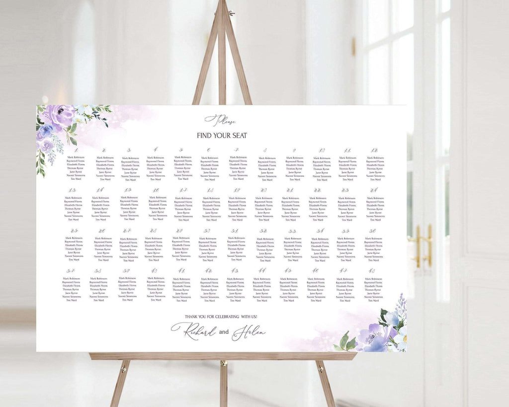 LPE0375 Wedding Seating Chart Board | Lilac Watercolor Flowers | DIY Templates