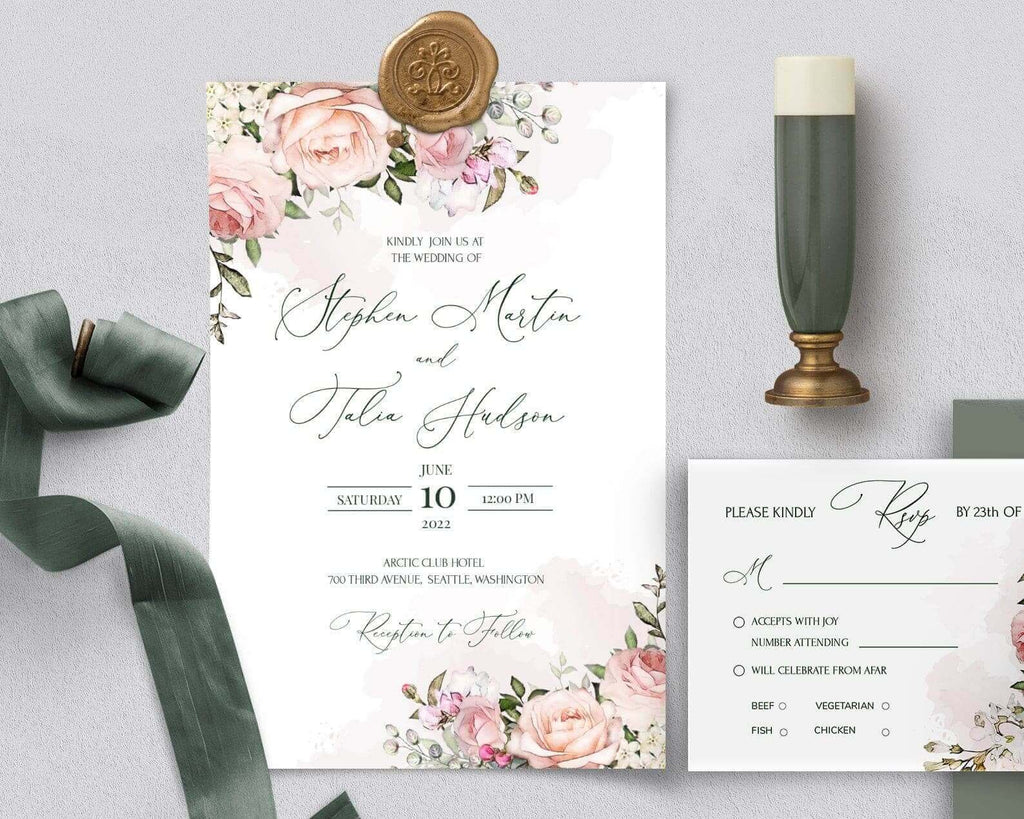 LPE0376 Wedding Invite & RSVP | Editable DIY Printables | Blush Pink Flowers