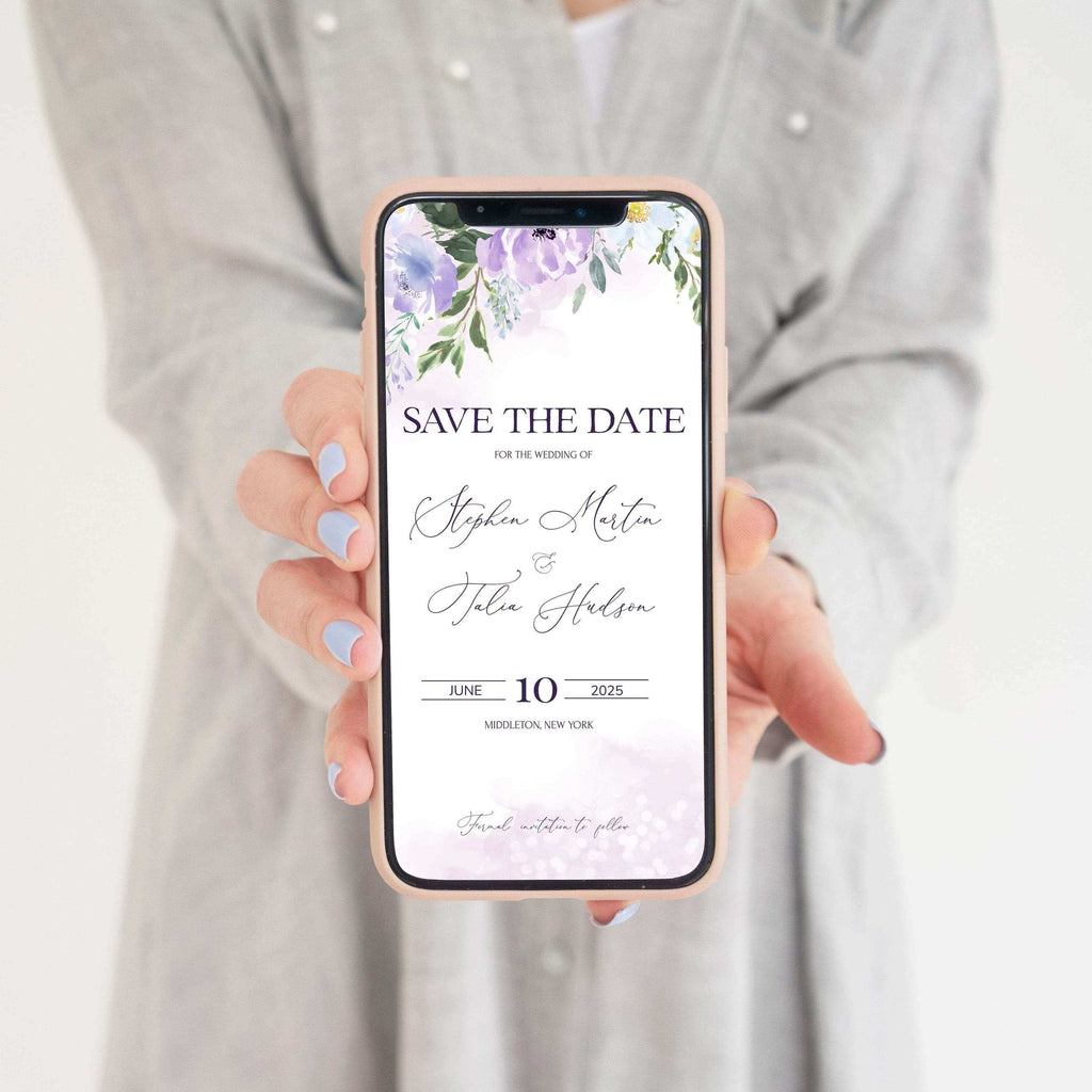 LPE0381 Electronic Save the Date, Watercolor Purple Wedding, DIY Printables