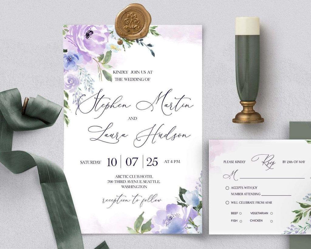 LPE0389 Invitations & Wedding RSVP Cards | Purple Flowers | Editable Templates
