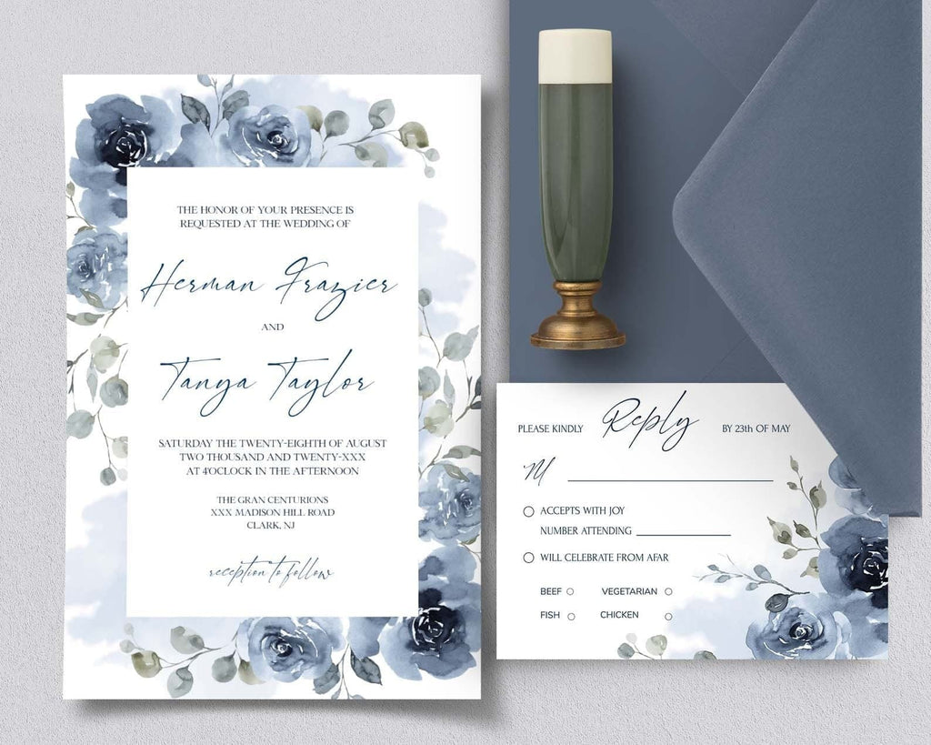 LPE0395 Wedding Invitations with RSVP | Watercolor Dusty Blue | DIY Printables