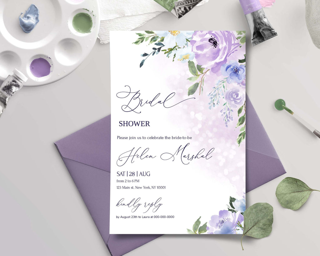 LPE0397 Bridal Shower Invite & Evite Bundle | Watercolor Purple Flowers