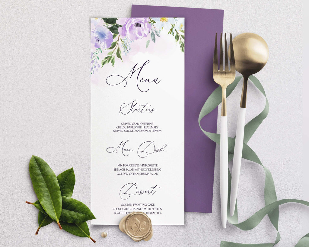 LPE0403 Wedding Menu | Purple Floral Wedding | Editable DIY Printable