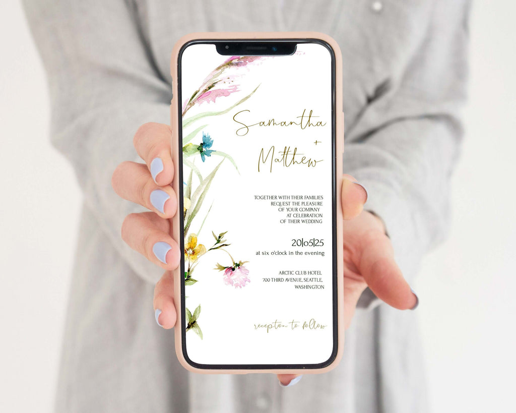 LPE0404 Digital Wedding Invitations, Rustic Wildflowers, DIY Editable Evites