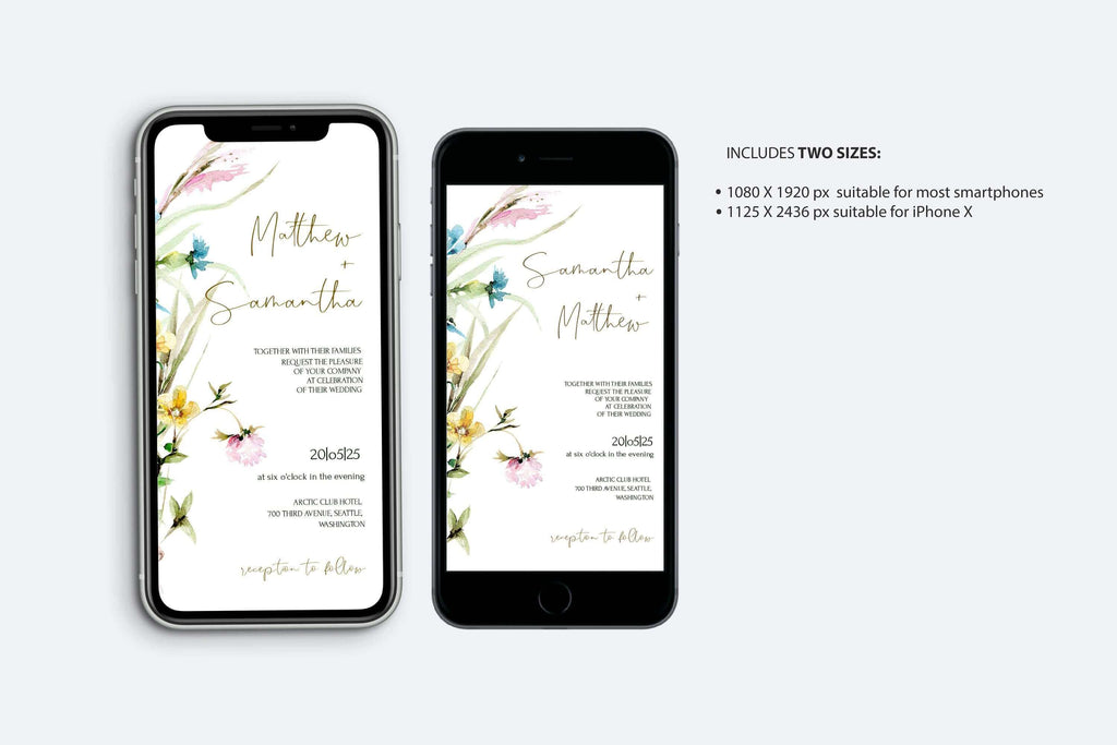 LPE0404 Digital Wedding Invitations, Rustic Wildflowers, DIY Editable Evites