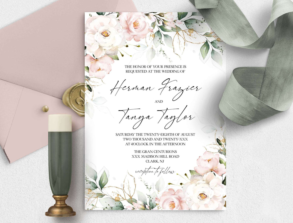 LPE0427 BLUSH Boho Wedding Invitations, Blush Pink Flowers, Editable Printable