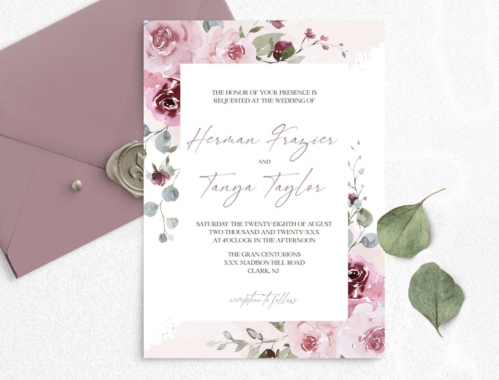 LPE0445 Wedding Invite Cards | Dusty Pink | DIY Wedding | Editable Templates