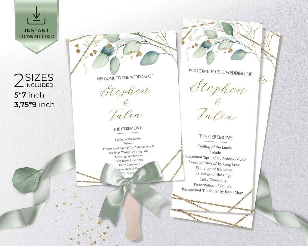 Greenery Program Template, Eucalyptus Fan Wedding Program, Printable Fan Order of Ceremony Template, Editable Wedding Program | VESNA