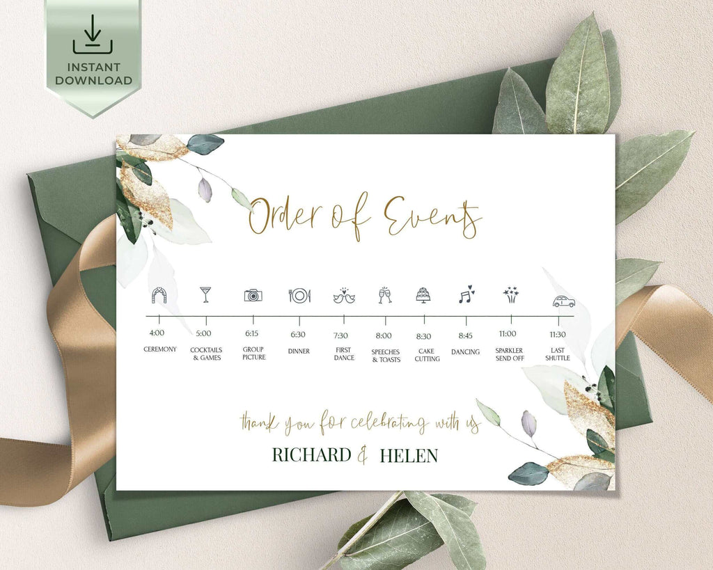 LPE0320 ISABELLA - Order of Events Card Template,  Eucalyptus Wedding Day Schedule, Greenery & Gold Order of service card, Wedding Party Timeline