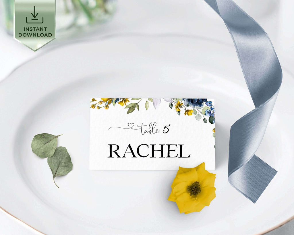 EVELYN - Place card Template, Yellow & Blue Navy Wedding Table name seat Download, Editable Wedding Place card, Tent Folded card