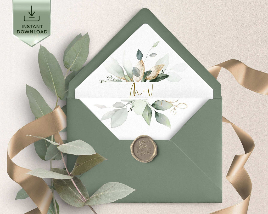 ISABELLA- Greenery & Gold Eucalyptus Envelope Liner A7, A6 Template,  Greenery Eucalyptus Wedding liner, Printable Liner for envelope