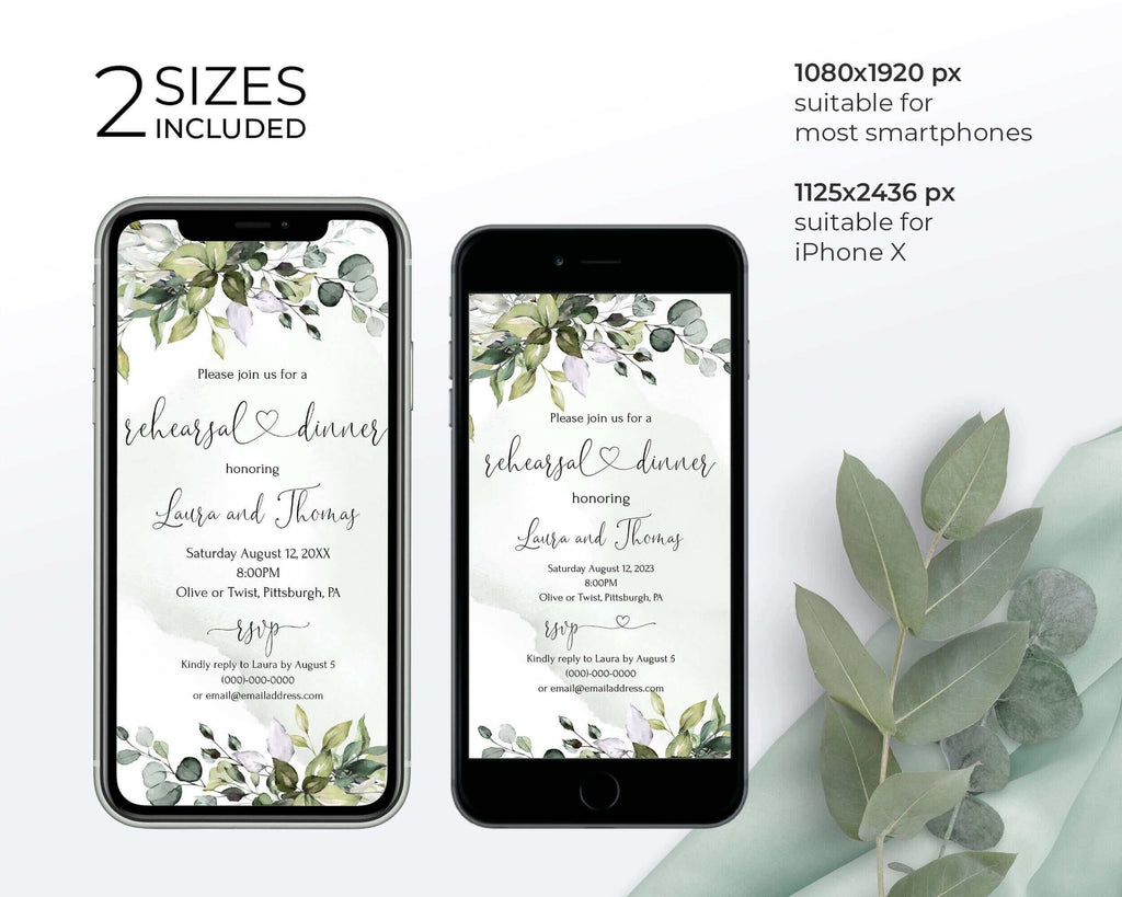 LPE0316 AMELIA - Greenery Rehearsal Dinner Electronic Invitation Template, The Night Before Wedding Rehearsal Dinner Digital invitation, sms online