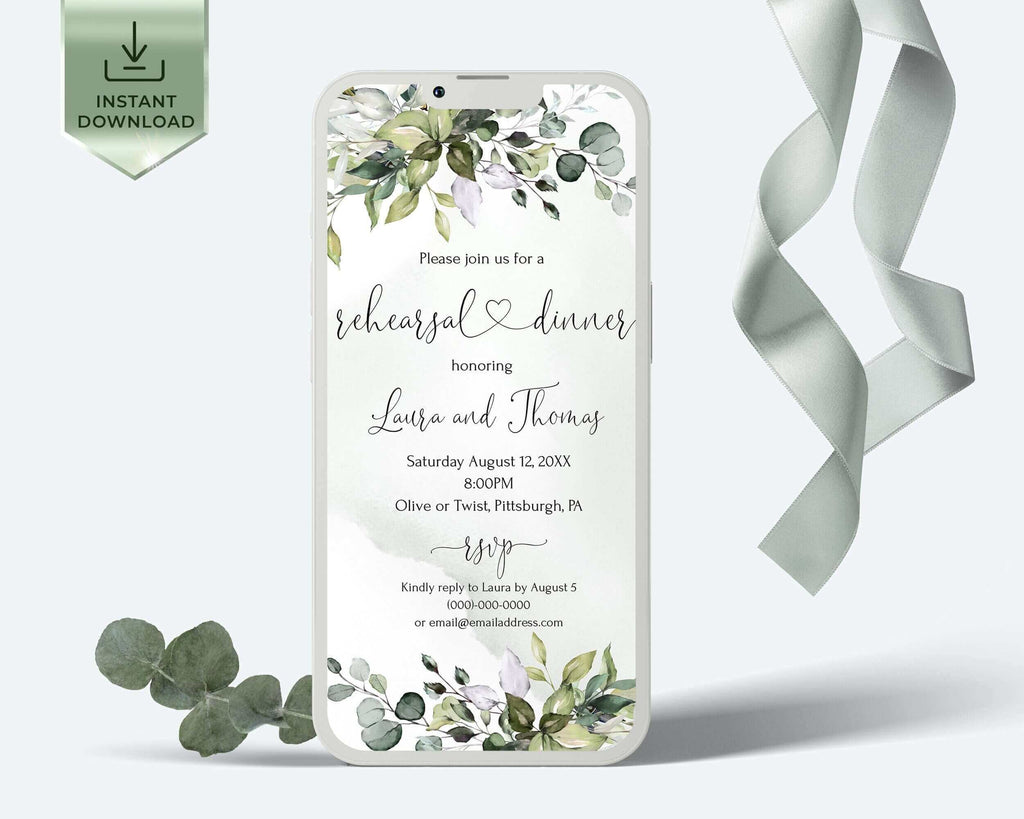 LPE0316 AMELIA - Greenery Rehearsal Dinner Electronic Invitation Template, The Night Before Wedding Rehearsal Dinner Digital invitation, sms online