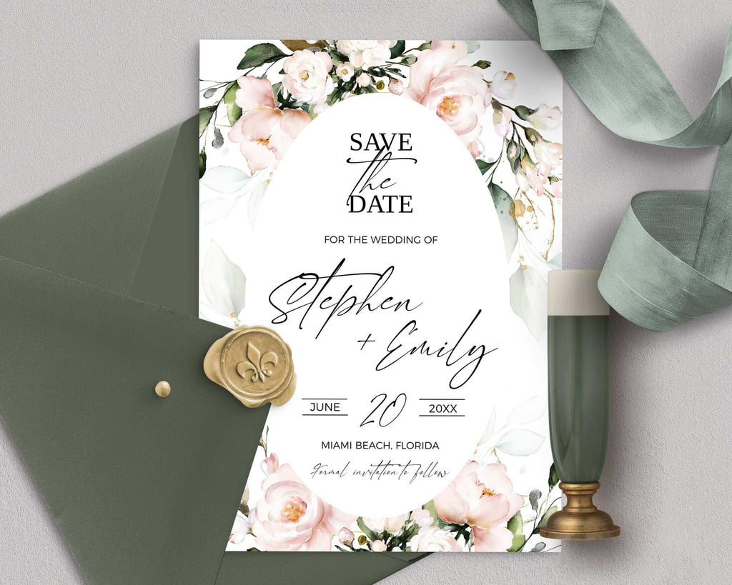 BLUSH Soft Pink Save The Date Template, Editable light pink Flowers Save the Date Download, Floral Printable Save Our Date Card, diy