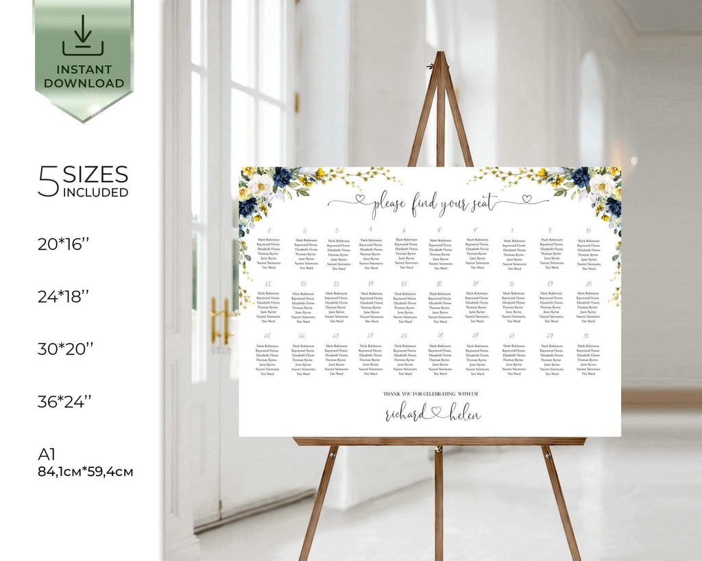 EVELYN -  Yellow & Blue Navy Seating Chart Template, Spring Flowers Wedding Seating Plan Download, Floral Seating Chart, DIY