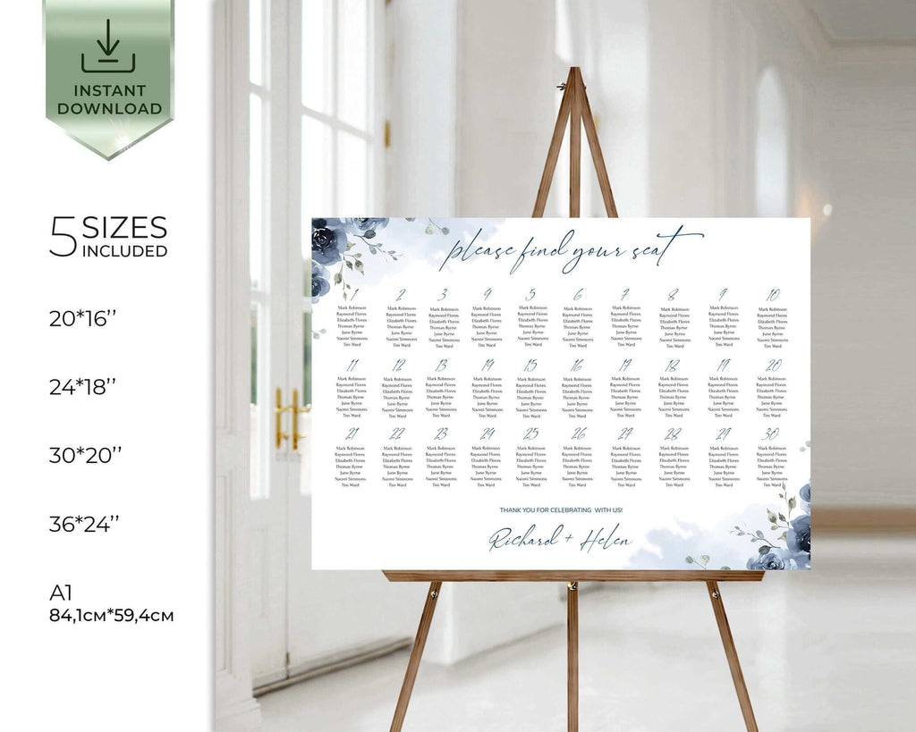 SKYLA -  Dusty Blue Seat Chart Template, Blue Navy Floral Wedding Seating Plan, Baby Blue Seating Chart, DIY