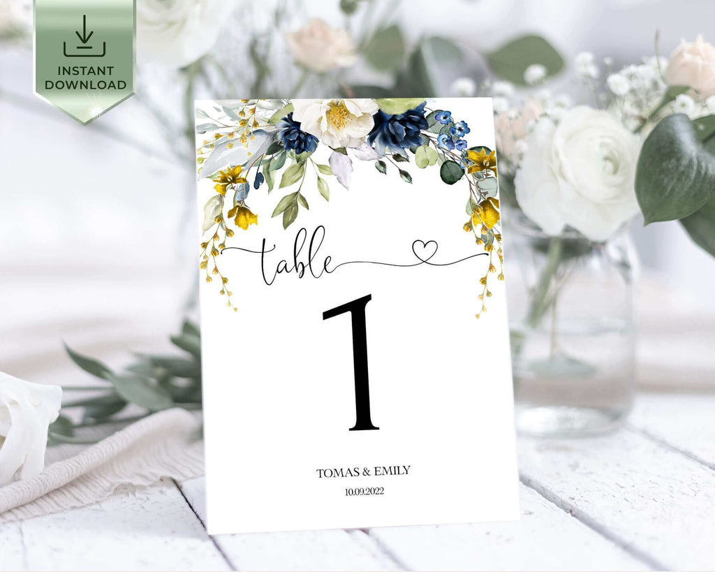 EVELYN - Spring flowers Table Numbers Template, Blue Yellow Wedding Table Numbers Download, Editable Floral Table Number, INSTANT DOWNLOAD