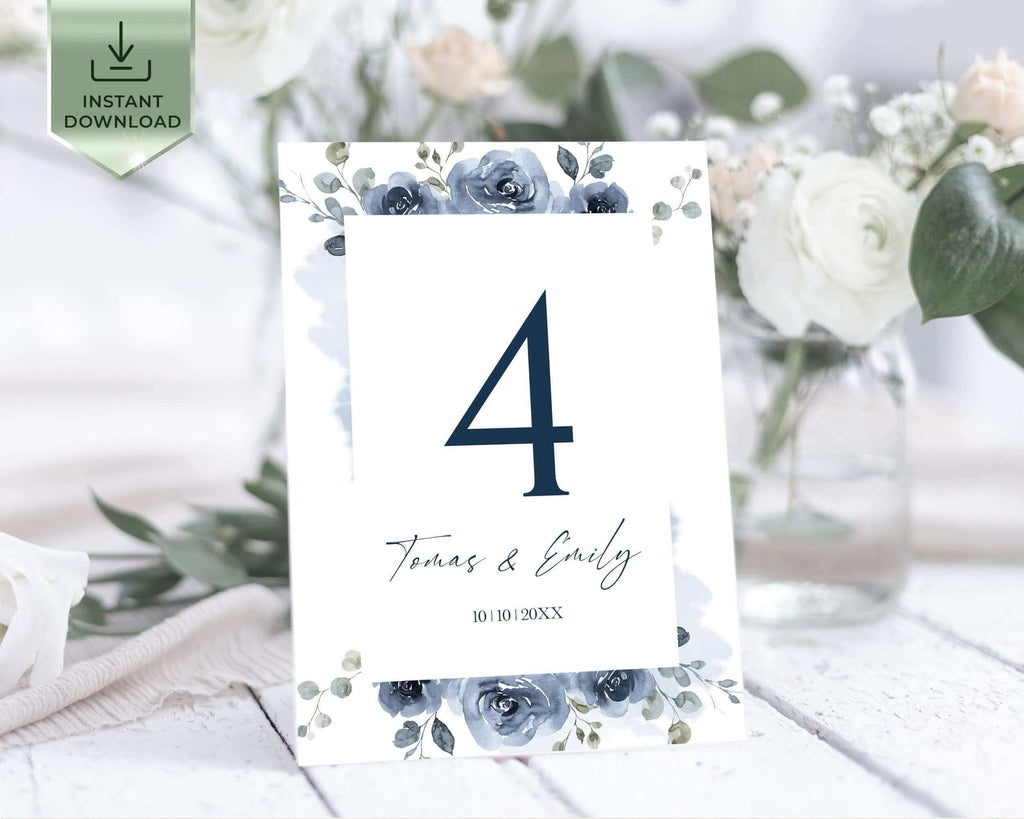 SKYLA - Dusty Blue Table Numbers Template, Editable Floral Wedding Table Numbers, Printable, Templett, Try Before