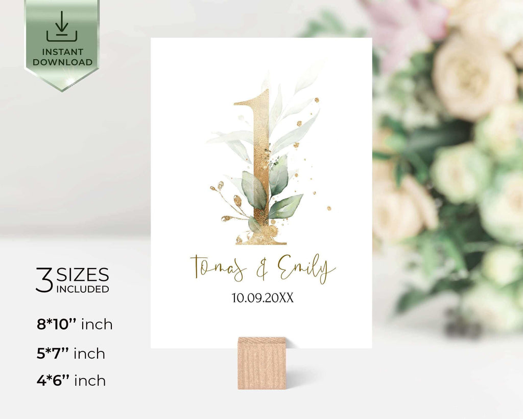 ISABELLA - Gold Table Number Template, Table numbers Wedding, Gold Eucalyptus Table Numbers Sign, Wedding Table Numbers Template