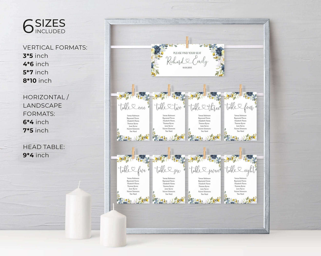EVELYN Table Seating Chart Template, Yellow & Blue Navy Wedding Seating chart Cards, Seating chart Wedding Template, Hanging Seating Chart