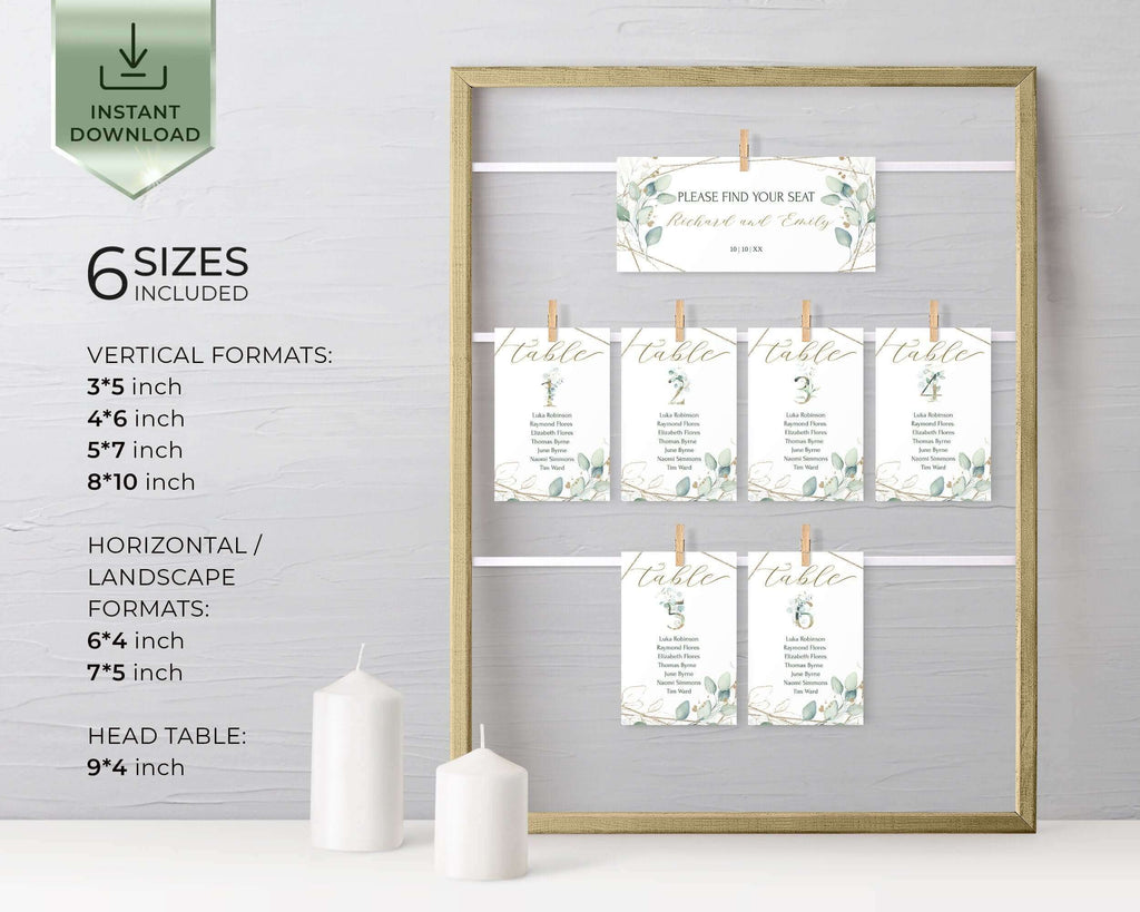 Wedding Seating Plan Cards | Sage Green & Gold | Geometric Printables 