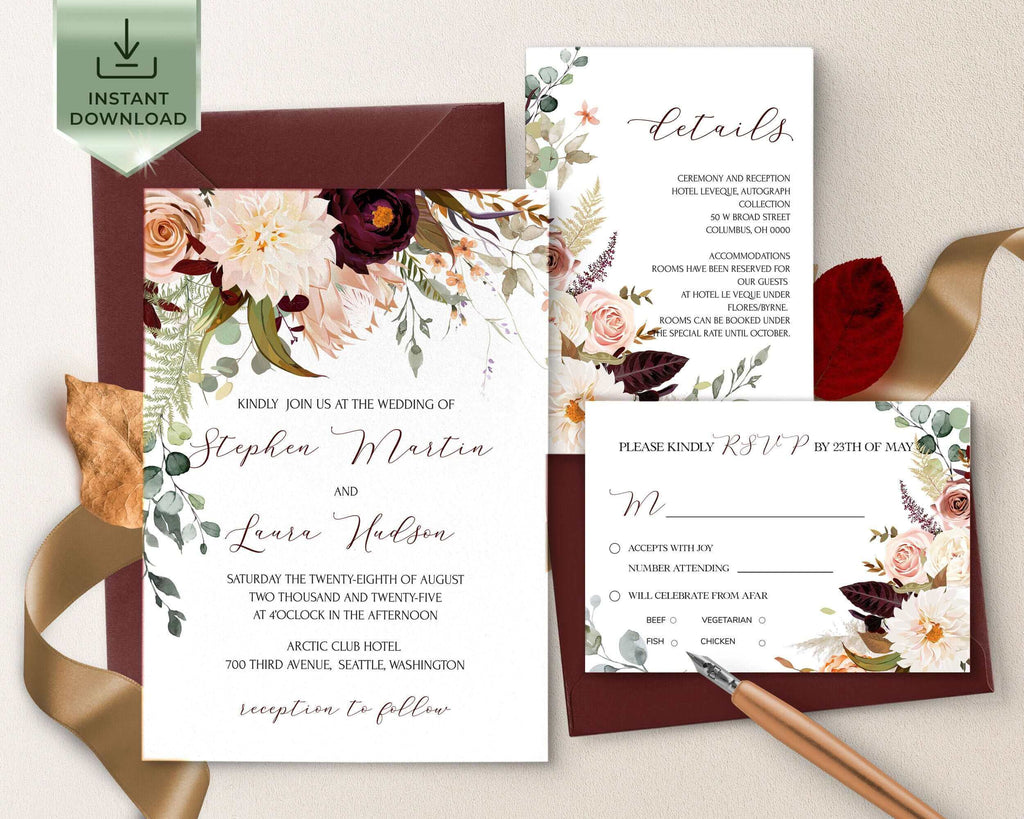 Rustic Wedding Invitation Suite Template | Autumn Burgundy Editable Wedding Invites Set Download |  Floral Printable Rust Invite | Autumn