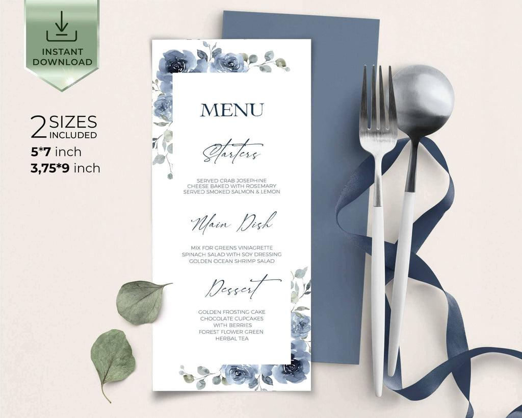 SKYLA - Dusty Blue & Blue Navy Wedding Menu Template, Editable Floral Menu, Printable Menu, Templett, Try Before