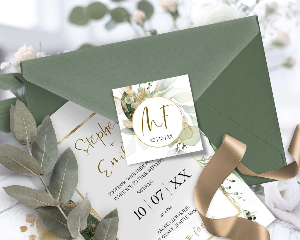 LPE0371 ISABELLA - Greenery Eucalyptus Initial Tag Template, Printable Wedding Initial tag Tag For Envelope, Editable Shower Initial tag