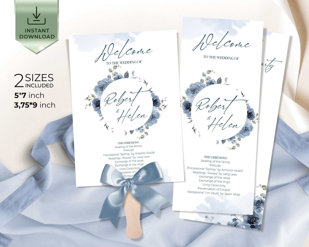 SKYLA - Dusty Blue and Blue Navy Wedding Program Template, Editable Fan Wedding Program,  Ceremony Template Printable, Order Of Ceremony