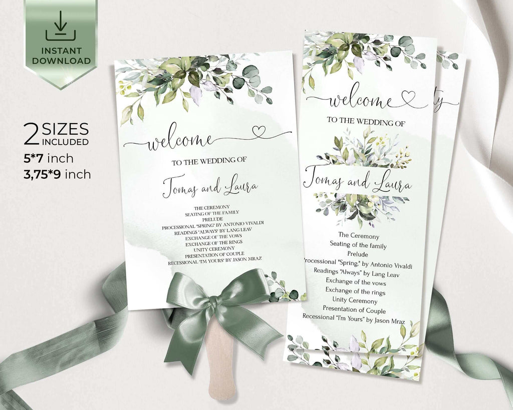 Greenery Program Template, Eucalyptus Fan Wedding Program, Printable Fan Order of Ceremony Template, Editable Wedding Program | AMELIA