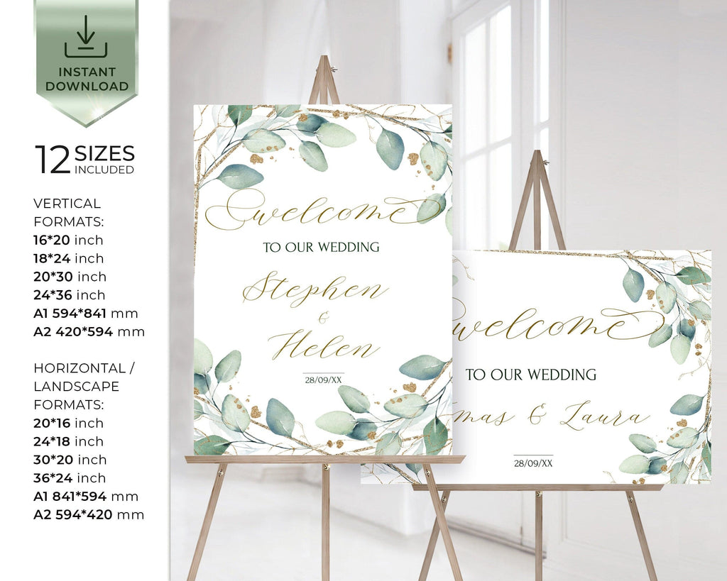 Green Wedding Welcome Sign Template | Sage Green Eucalyptus Welcome Board Template | Greenery Welcome Poster, Printable Welcome Sing | Vesna