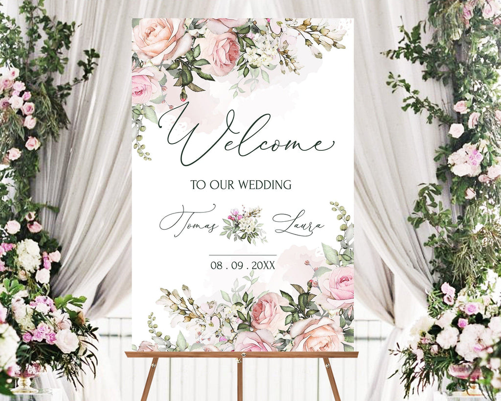 TEA ROSE Welcome Sign Template | Blush Pink Flowers Wedding Welcome Boad | Floral Custom Sign | Editable, Printable and Diy
